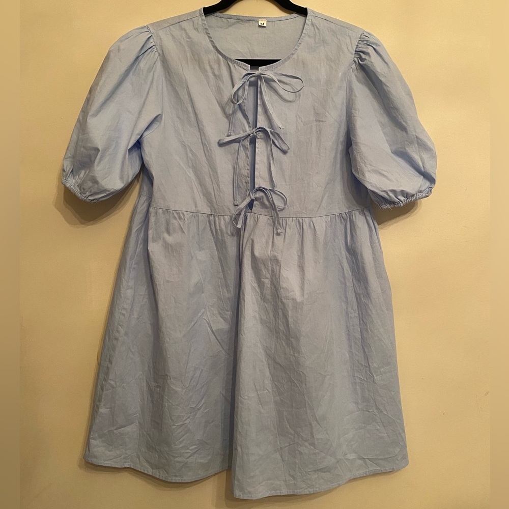 Light Blue Coquette Tie Front Bow Blouse with Puffy Sleeves- Size Medium